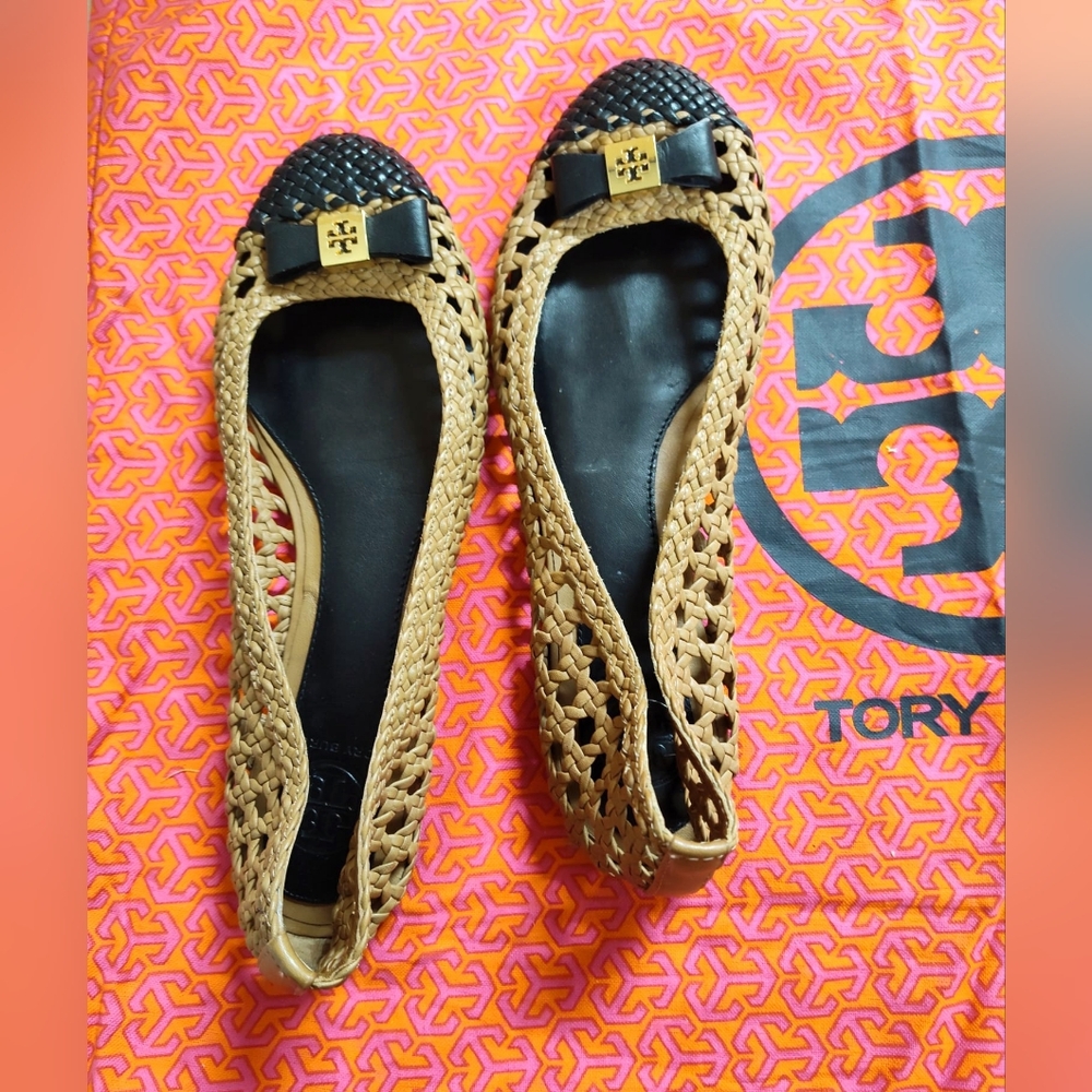 Tory Burch Designer Woven Leather Tan & Black Bow Ribbon Leather Flats 6.5